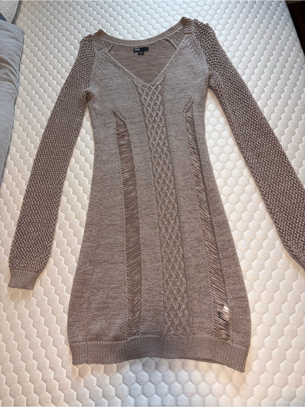 Neutral Taupe Knit V-Neck Sweater Dress